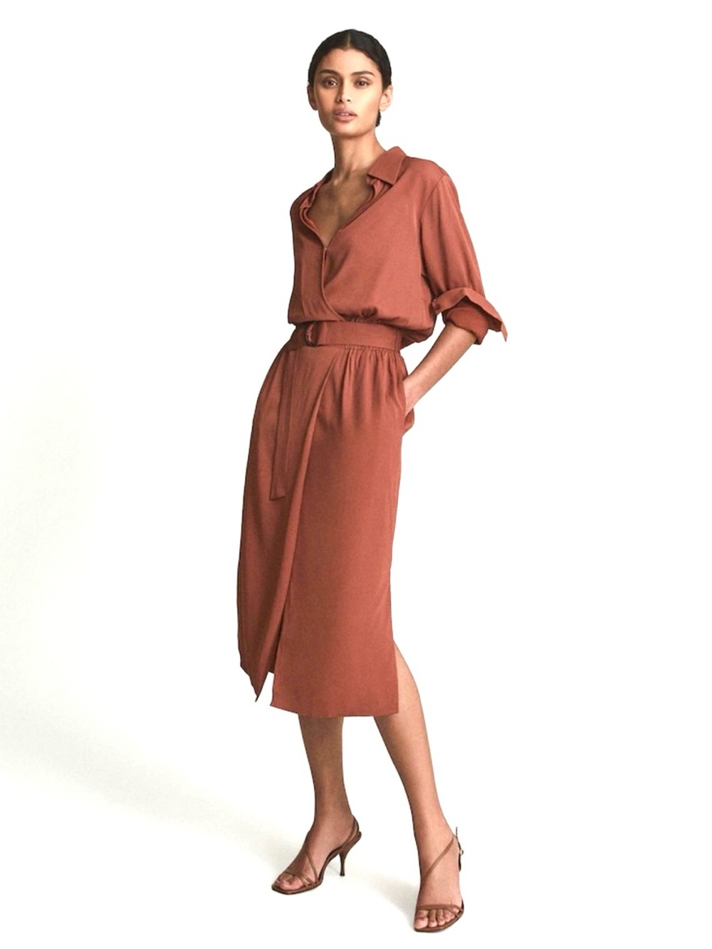 Reiss Rust-Brown Midi Shirt Dress